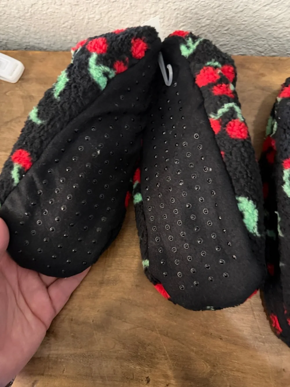 Cozy Black Fuzzy Slippers with Red Cherry Print 2 pairs size 8-10